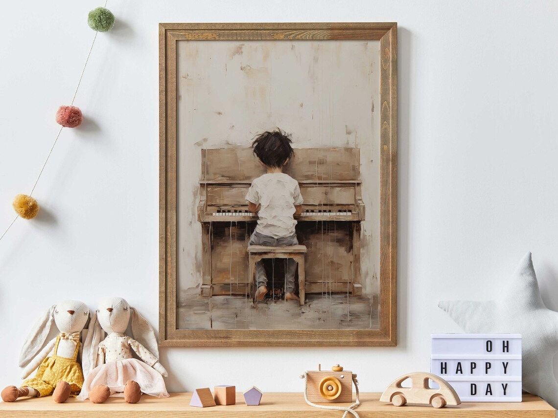 Boy Playing Piano Nursery Art, Vintage Decor