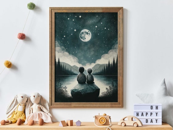 Brothers Room Print Brothers Painting Brothers Room Decor Adventure Toddler Art Moon Stars Nursery Art Stargazing Wall Art