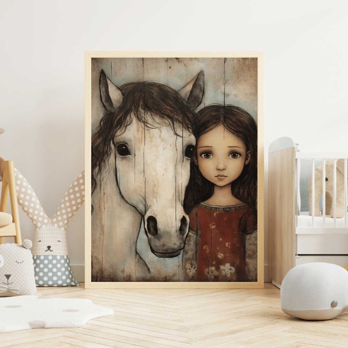 Little Girl And White Horse Portrait In Rustic Vintage Painting Style Print - Image 2