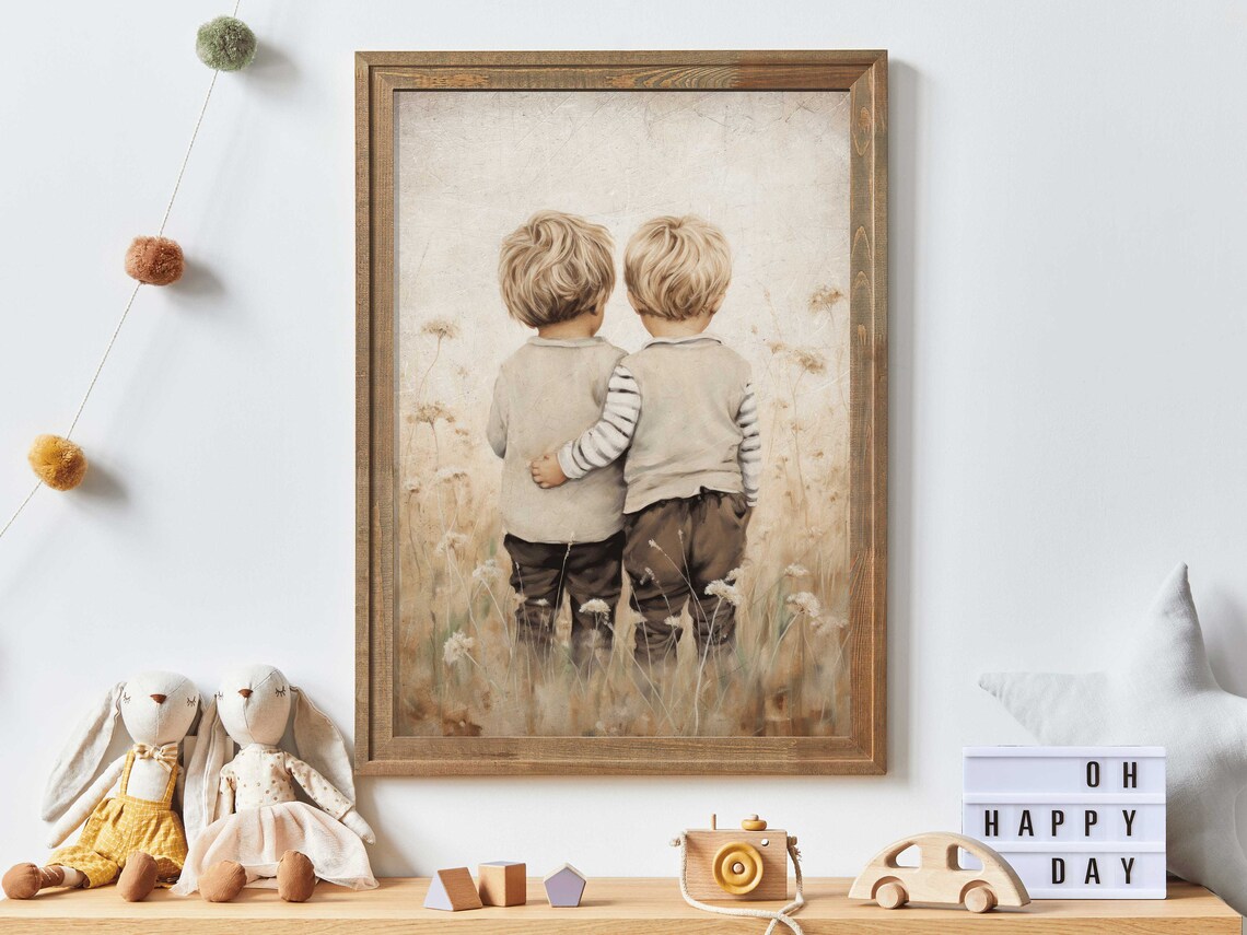 Twin Brothers Nursery Print, Rustic Boys Room Art