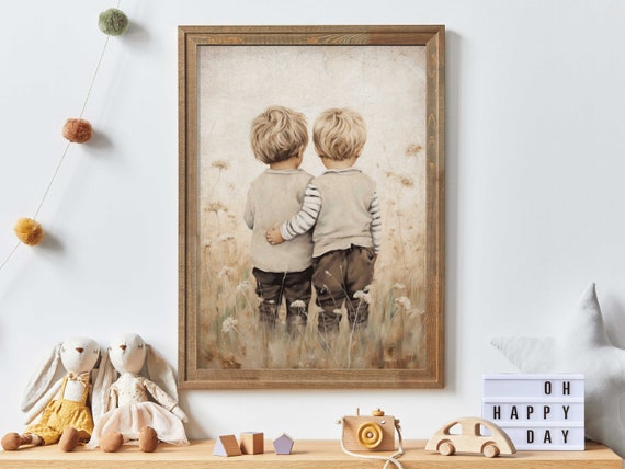 Twin Brothers Nursery Print, Rustic Boys Room Art