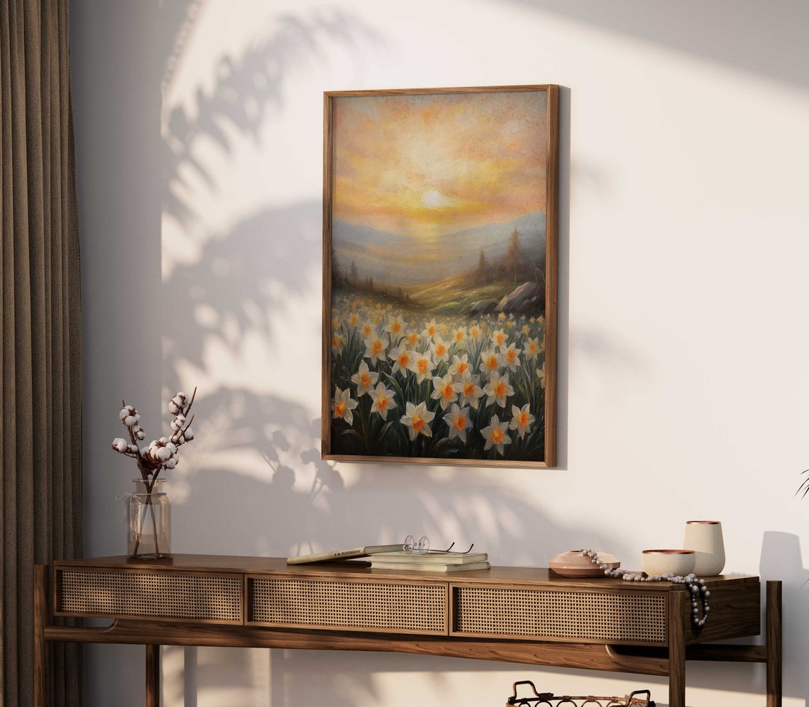 Sunlit Daffodil Field at Golden Sunset Countryside Floral Poster - Image 2