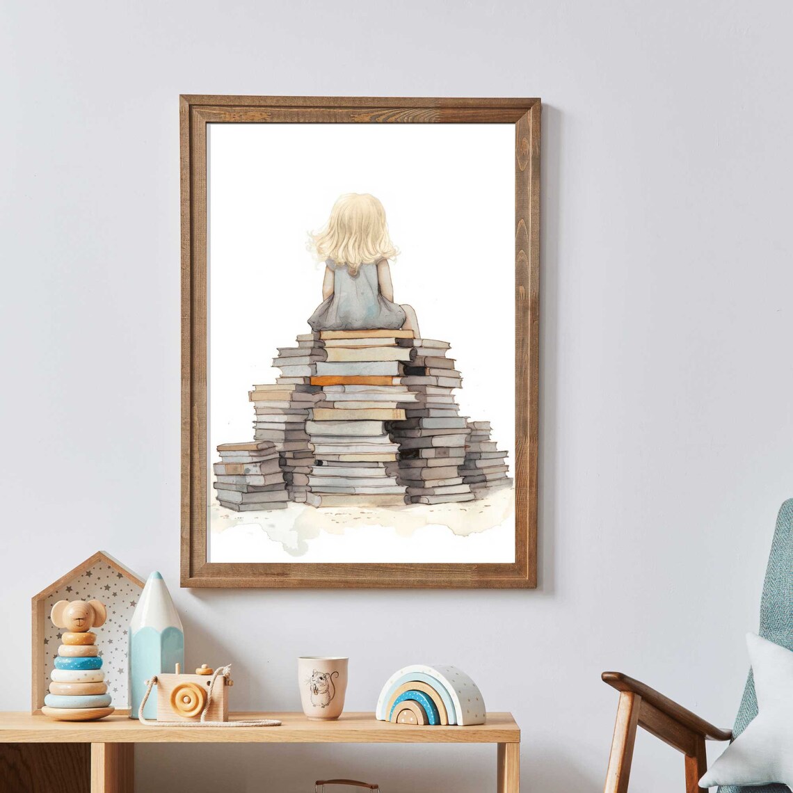 Little Girl Reading Books Art Print, Girls Room Decor - Image 2