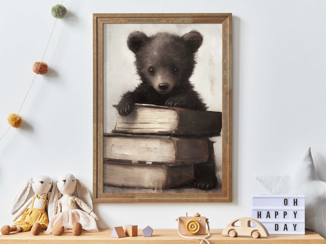 Vintage Bear Cub Resting on Stack of Old Books Nursery Reading Poster