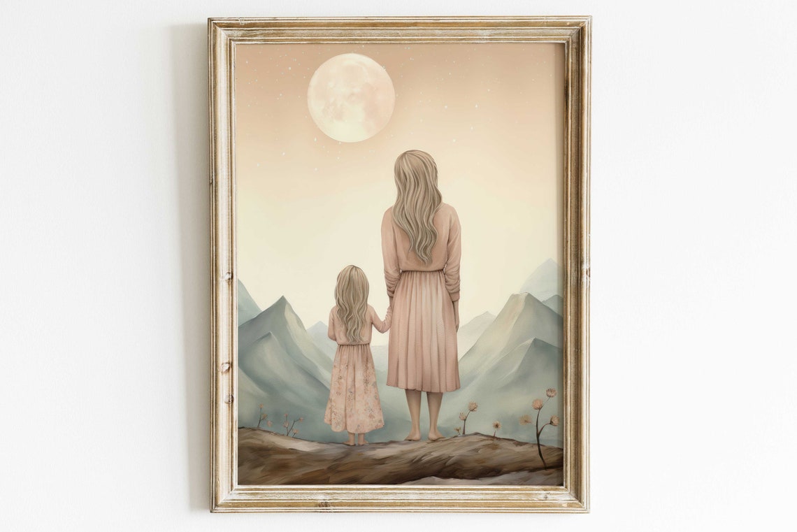 Mother and Daughter Gazing at Full Moon Over Mountains Poster