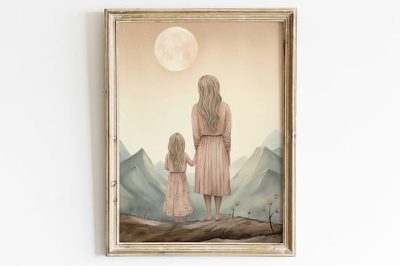 Mother and Daughter Gazing at Full Moon Over Mountains Poster