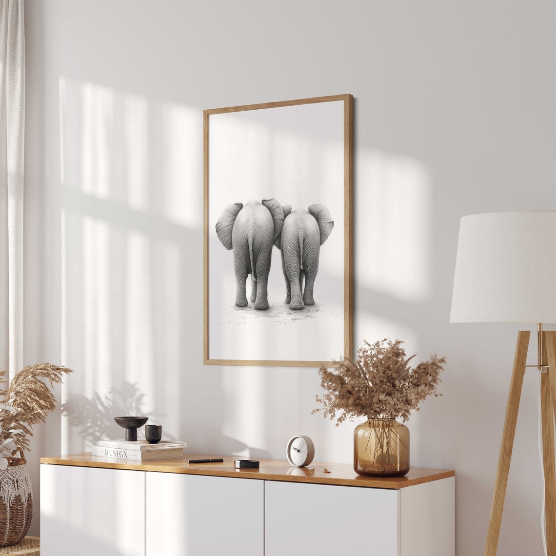 Two Baby Elephants Walking Away in Sweet Sketch Nursery Poster - Image 2