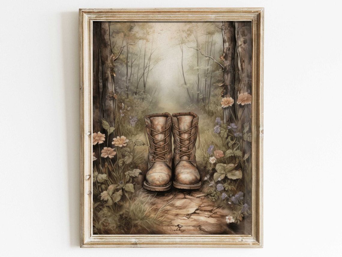 Worn Hiking Boots on a Forest Trail Among Wildflowers Poster
