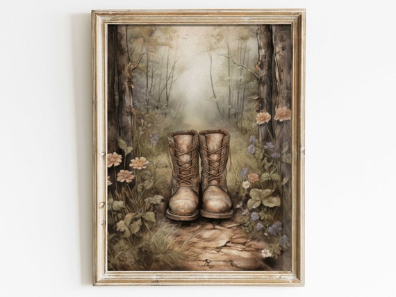 Worn Hiking Boots on a Forest Trail Among Wildflowers Poster