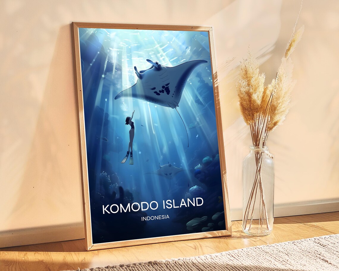 Komodo Island Indonesia Manta Ray Freediving Ocean Travel Poster