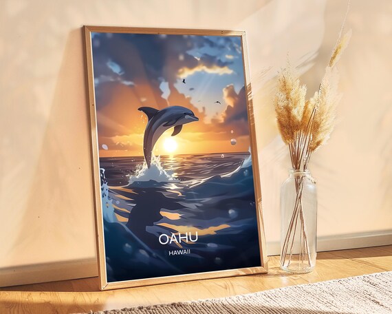 Oahu Hawaii Dolphin Leaping Sunset Ocean Waves Travel Poster