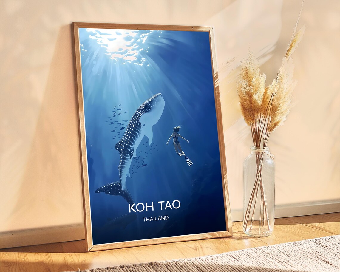 Koh Tao Thailand Whale Shark Freediving Underwater Travel Poster