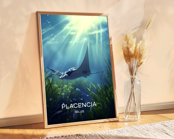 Placencia Belize Manta Ray Underwater Seagrass Ocean Travel Poster