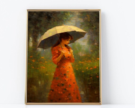 Woman With Umbrella Rainy Flower Garden Orange Dress Romantic Poster