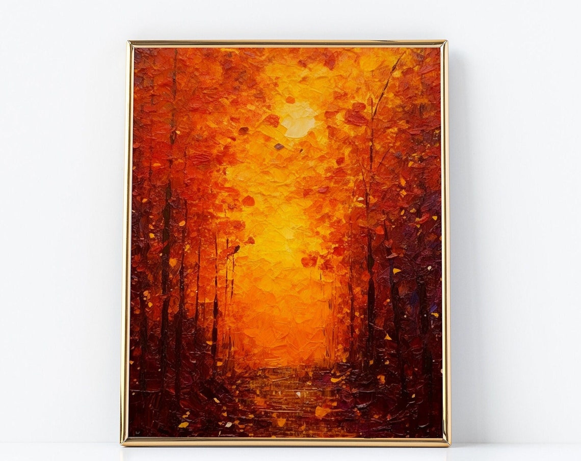Glowing Autumn Forest Path In Fiery Orange Impasto Landscape Poster