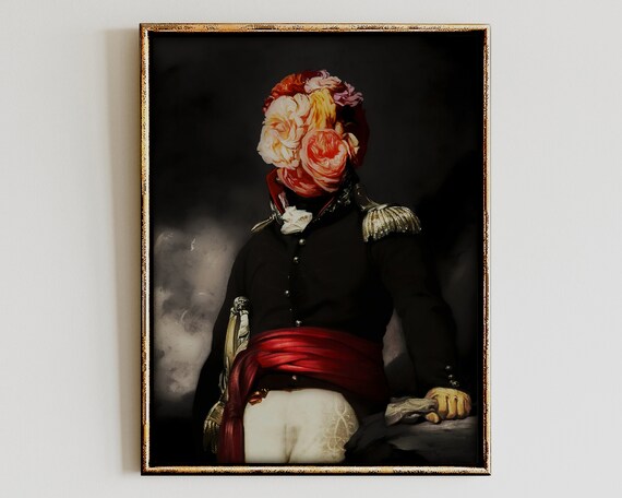 Altered Vintage Officer Portrait Rose Head Dark Floral Art Poster