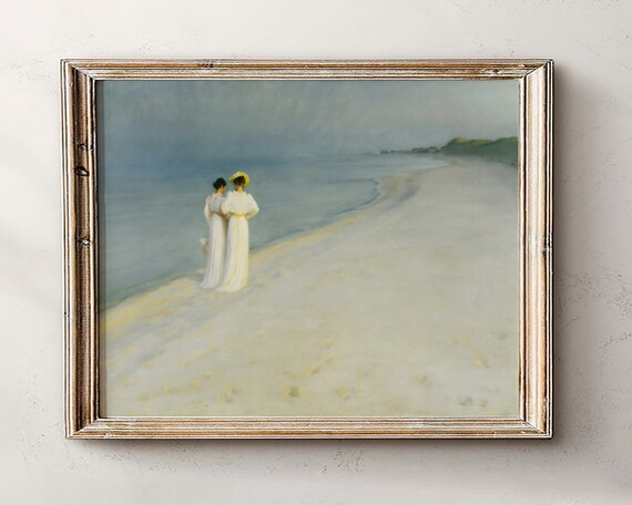Two Women in White Dresses Strolling on a Misty Morning Beach Poster