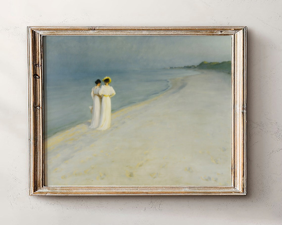 Two Women in White Dresses Strolling on a Misty Morning Beach Poster