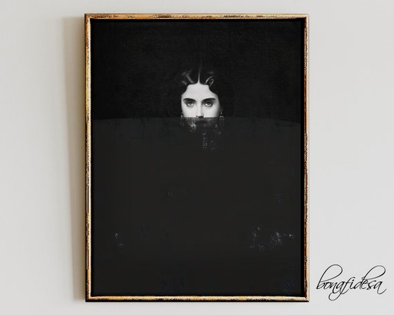 Woman's Eyes Emerging from Darkness Minimal Black Altered Art Poster