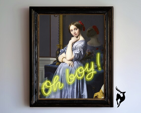Oh Boy Yellow Neon Script Victorian Lady Altered Art Pop Poster