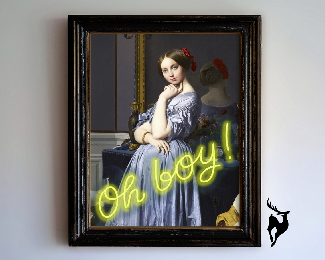 Oh Boy Yellow Neon Script Victorian Lady Altered Art Pop Poster