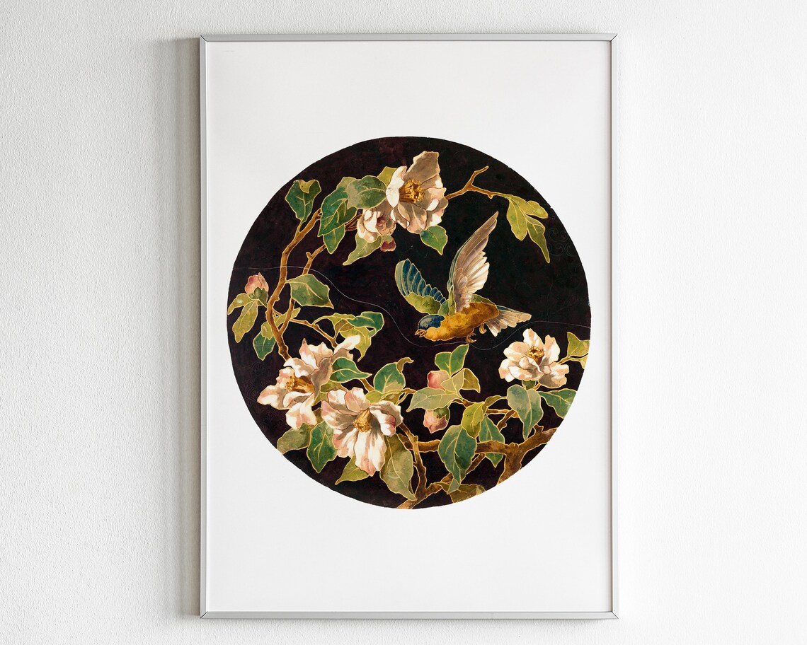 Round Bird Blossom Japanese Style Painting Circular Art Poster