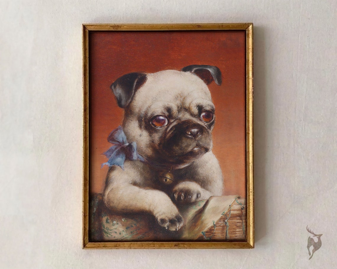 Pug Puppy Portrait Blue Bow Antique Oil Painting Cute Dog Poster