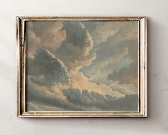 Vintage Cloudy Sky Oil Painting Antique Cloud Study Wall Art
