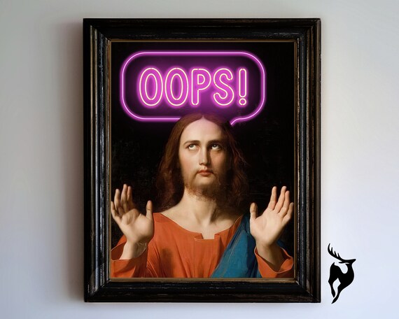 Oops Neon Speech Bubble Renaissance Jesus Pop Art Funny Eclectic Poster