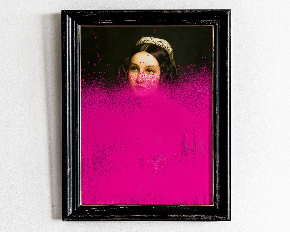 Altered Art Portrait with Hot Pink Paint Splash Bold Wall Poster