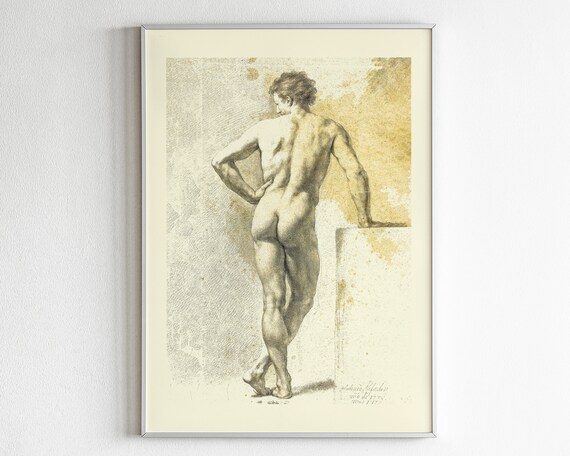 Vintage Standing Male Nude Charcoal Figure Study Sketch Poster