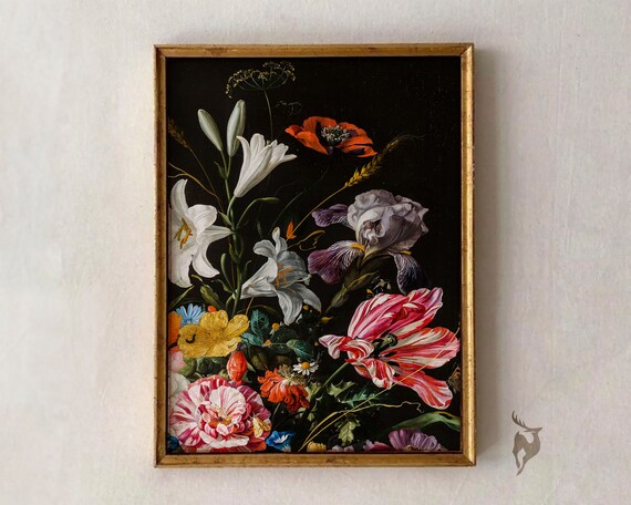 Dark Floral Still Life White Lily Striped Tulip Dutch Baroque Art Poster