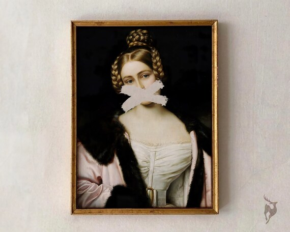 Altered Art Portrait Of Elegant Woman With White Tape Over Mouth Print