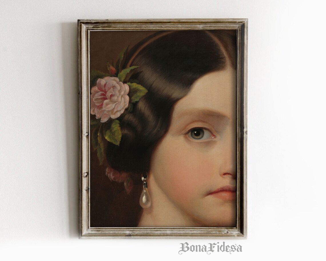 Vintage Victorian Lady Rose Portrait Moody Antique Oil Art Poster
