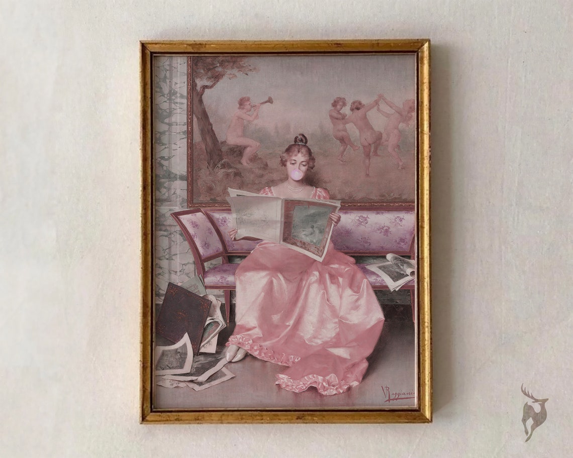 Fun Playful Elegant Pink Gown Lady Reading Bubblegum Art Poster