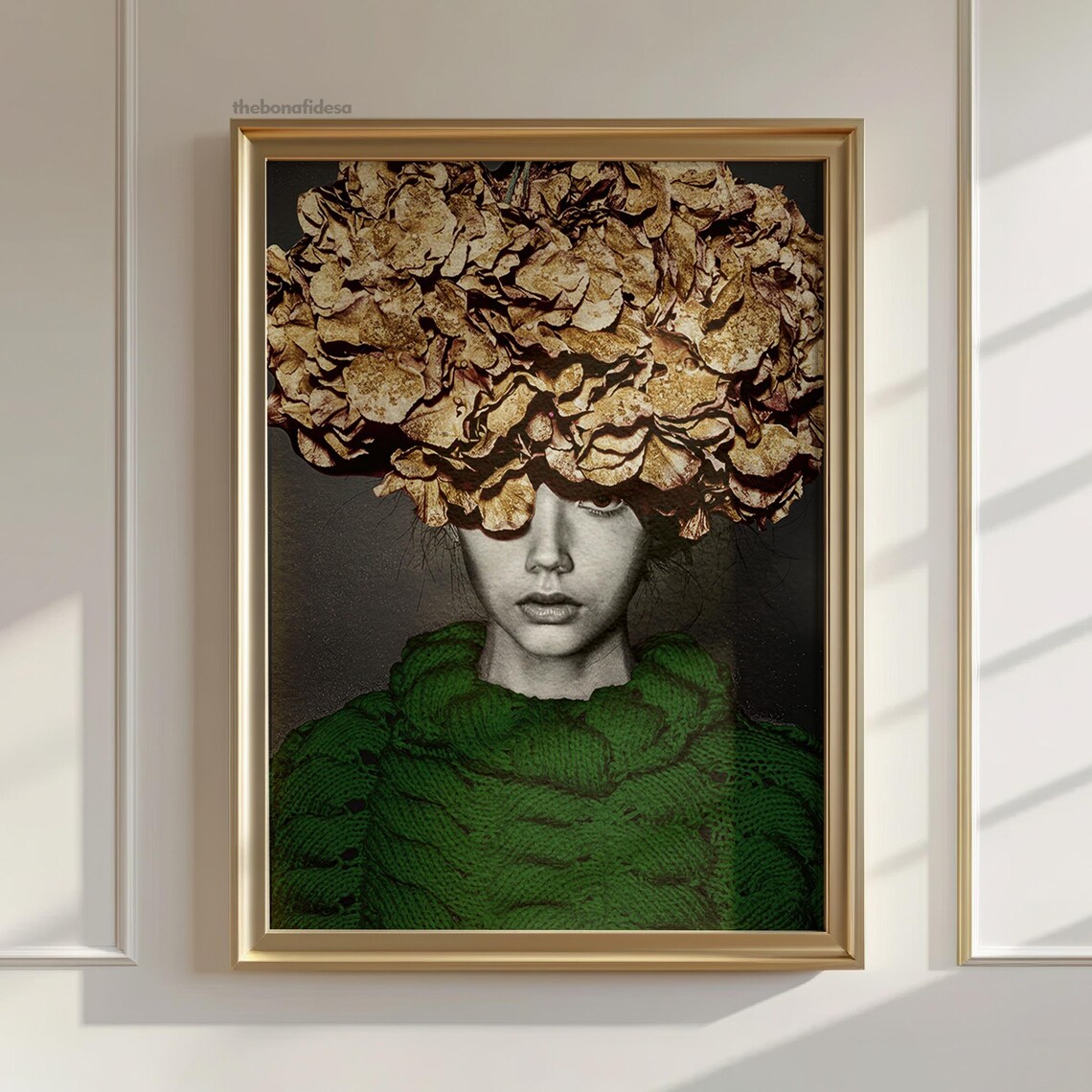 Surreal Woman With Dried Flower Crown Green Knit Portrait Wall Art