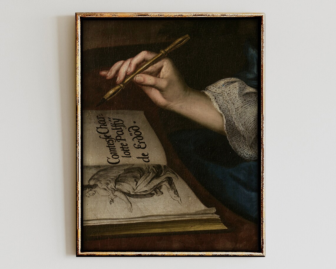 Hand Holding Quill Pen Writing in Antique Book Old Master Style Art Poster