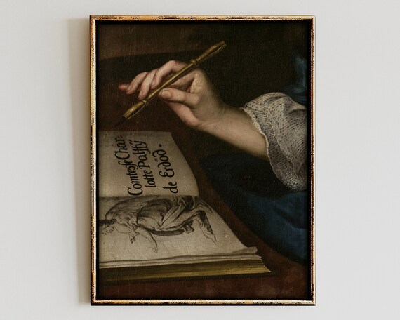 Hand Holding Quill Pen Writing in Antique Book Old Master Style Art Poster