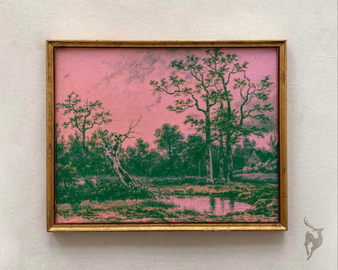 Moody Pink Sky Victorian Landscape Green Trees Eclectic Wall Art