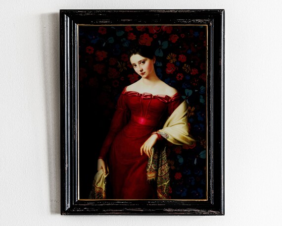 Woman in Red Dress Vintage Altered Dark Floral Portrait Wall Art