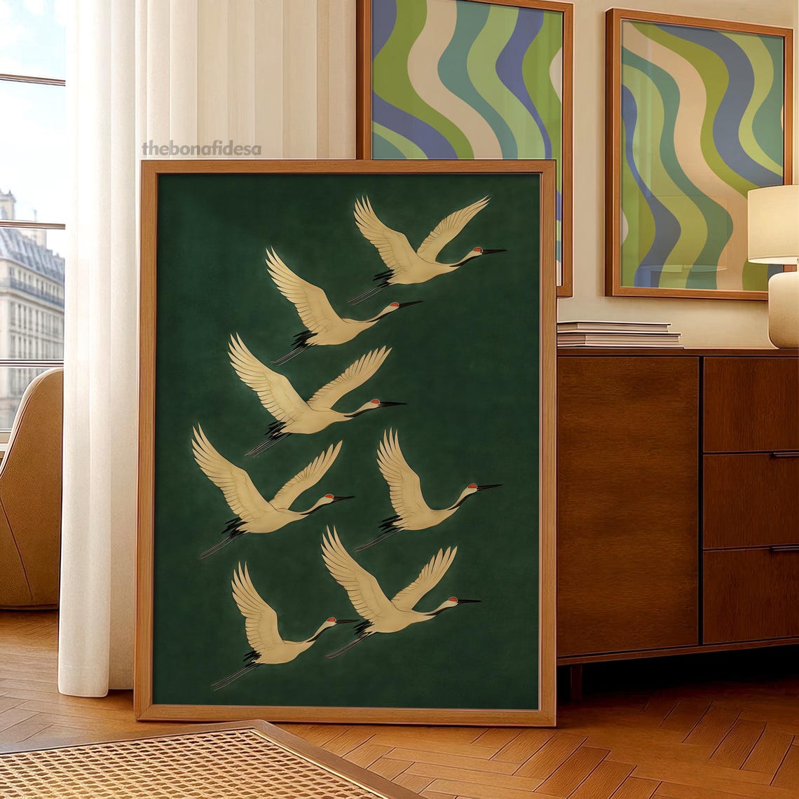 Seven Emerald Cranes In Flight Japanese Vintage Bird Art Poster