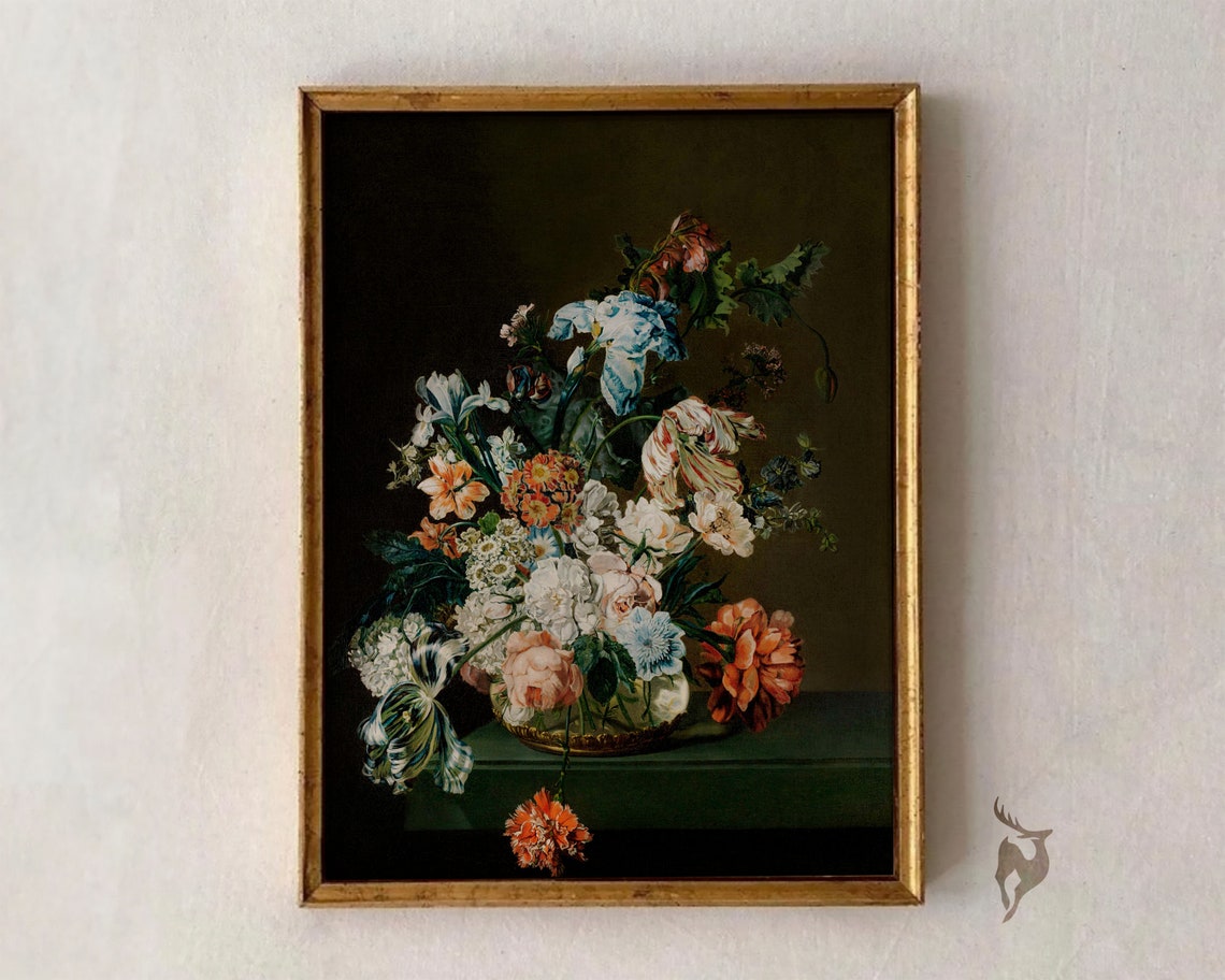 Antique Floral Oil Painting Dark Academia Still Life