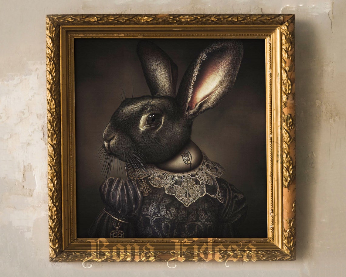 Black Rabbit Renaissance Portrait Lace Collar Vintage Pet Art Poster