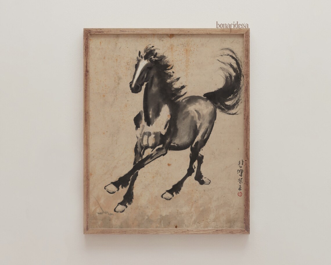 Galloping Black Horse Ink Wash Painting Traditional Asian Poster