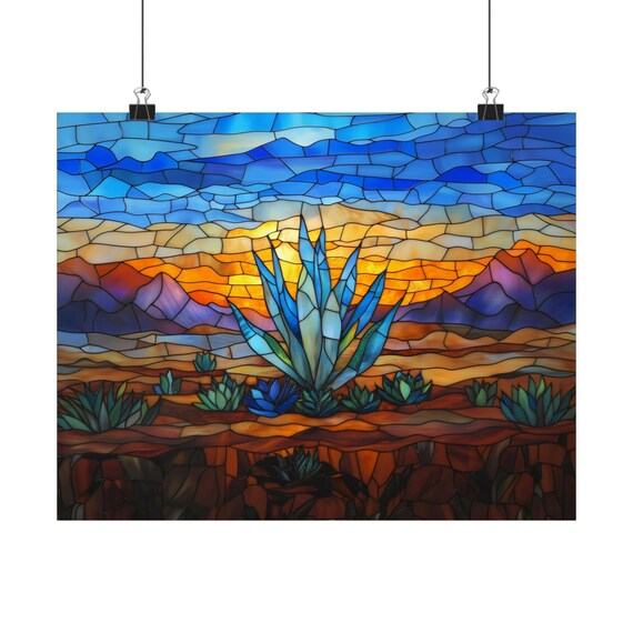 Agave Desert Stained Glass Style Poster Print Landscape Modern Painting Nature Calm Relaxing Wall Print Airbnb Art Wall Decor