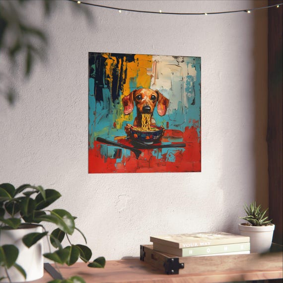 Maximalist Eclectic Dachshund Ramen Poster Print Bold Altered Animal Portrait Fantasy Fun Colorful Renaissance Rustic Art