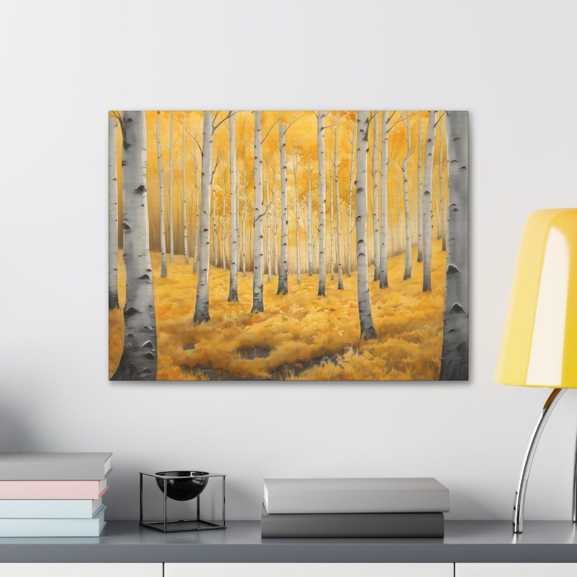 Golden Birch Forest Yellow Autumn Watercolor Painting Nature Poster - Image 2