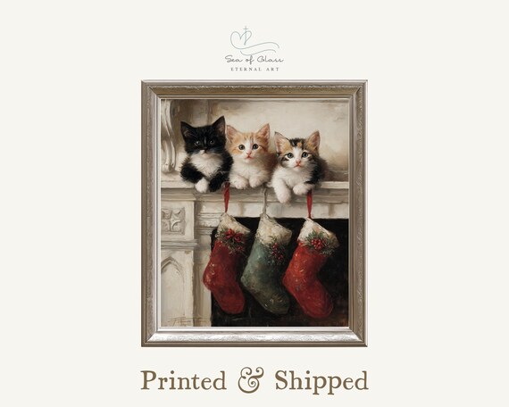 Three Kittens On Mantel With Christmas Stockings Vintage Holiday Cat Poster