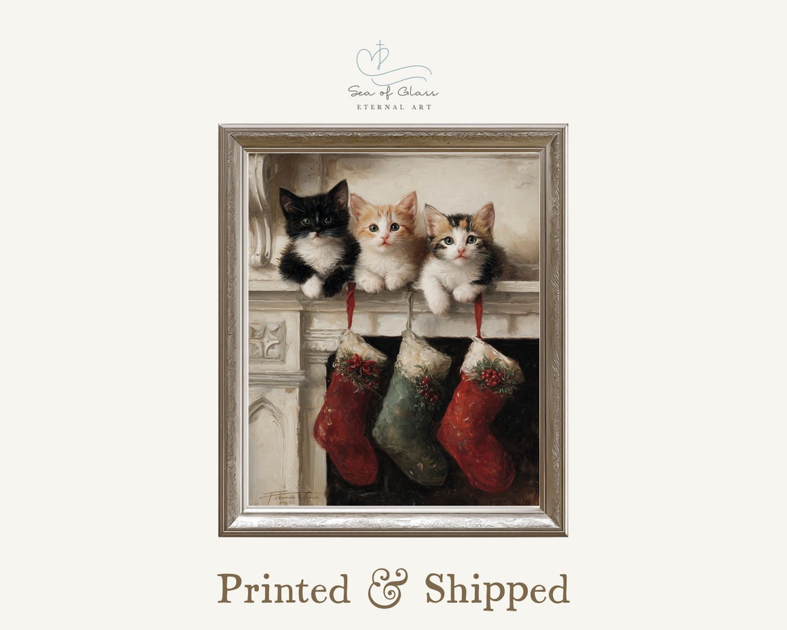Christmas Kittens And Stockings Oil Painting Print Vintage Holiday Decor Country Farmhouse Winter Wall Art Mailed