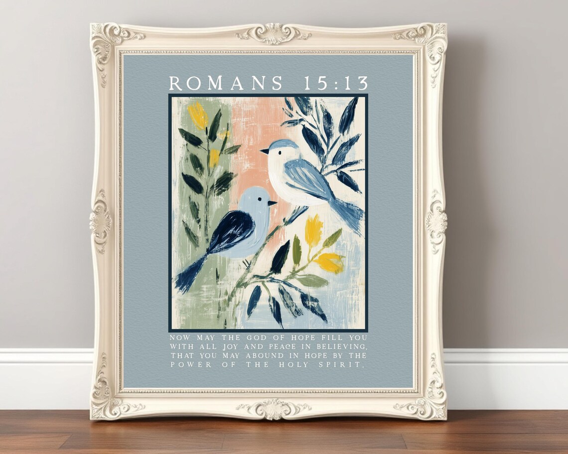 Romans 1513 Bible Verse Print Christian Wall Art With Birds Pastel Scripture Peaceful Hopeinspired Faith Decor